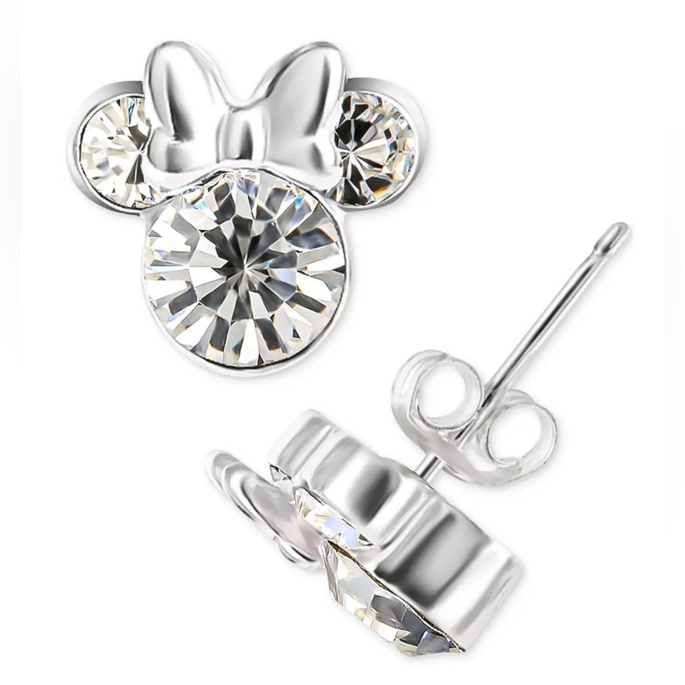 Disney MINNIE MOUSE Sterling Silver Clear Crystal Stud Earrings & Trinket Dish - Picture 3 of 9